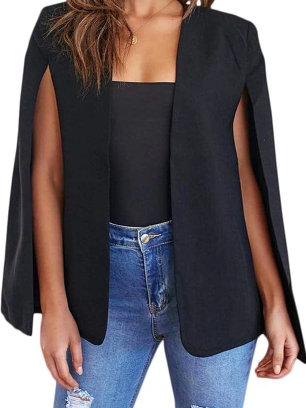 Black Open-Sleeve Cape Blazer